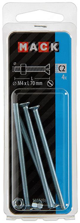 Mack 1017498 – Metallschraube verzinkt. Kopf + Mutter plattiert 4 Stück M4 x 70 mm | 10 Stück