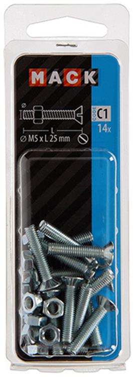 Mack 1017501 – Metallschraube verzinkt. Kopf + Mutter plattiert 14 Stück m5 x 25 mm | 10 Stück
