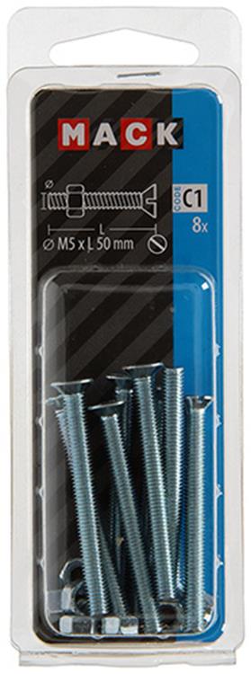 Mack 1017504 – Metallschraube verzinkt. Kopf + Mutter plattiert 8 Stück M5 x 50 mm | 10 Stück