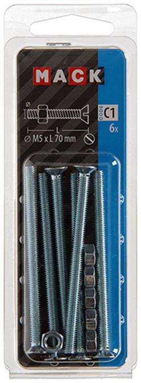 Mack 1017506 – Metallschraube verzinkt. Kopf + Mutter plattiert 6 Stück M5 x 70 mm | 10 Stück