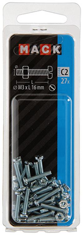 Mack 1017515 - Metallschraubzyl. Kopf + Mutter plattiert 27 Stück M3 x 16 mm | 10 Stück