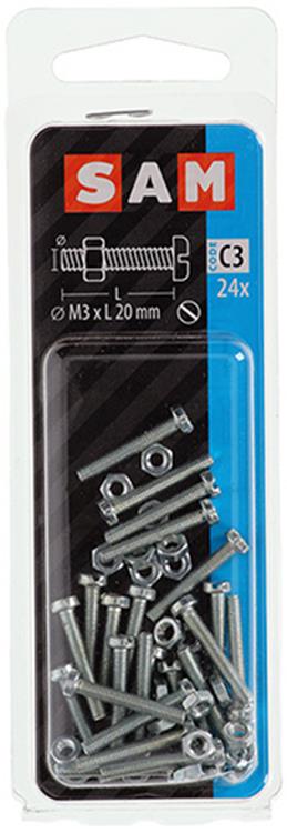 Mack 1017516 - Metallschrauben-Zyl. Kopf + Mutter plattiert 24 Stück M3 x 20 mm | 10 Stück