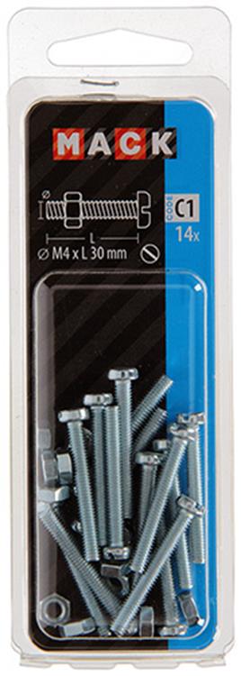 Mack 1017520 - Metallschraubzyl. Kopf + Mutter plattiert 14 Stück M4 x 30 mm | 10 Stück