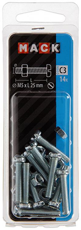 Mack 1017525 - Metallschraubzyl. Kopf + Mutter plattiert 14 Stück M5 x 25 mm | 10 Stück
