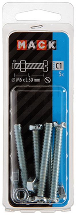 Mack 1017535 - Metallschraubzyl. Kopf + Mutter plattiert 5 Stück M6 x 50 mm | 10 Stück