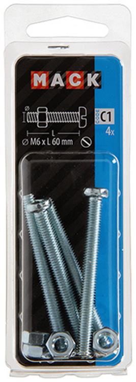 Mack 1017536 - Metallschraubzyl. Kopf + Mutter plattiert 4 Stück M6 x 60 mm | 10 Stück