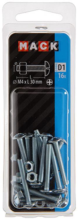 Mack 1017542 – Heizungsschraube + Mutter aus verzinktem Stahl, 16 Stück, M4 x 30 mm | 10 Stück