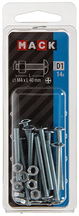 Mack 1017543 – Heizungsschraube + Mutter aus verzinktem Stahl, 14 Stück, M4 x 40 mm | 10 Stück