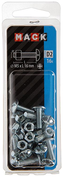 Mack 1017544 – Ofenschraube + Mutter aus verzinktem Stahl, 16 Stück, M5 x 16 mm | 10 Stück