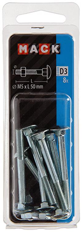 Mack 1017565 – Holzschraube + Mutter aus verzinktem Stahl, 8 Stück, M5 x 50 mm | 5 Stück