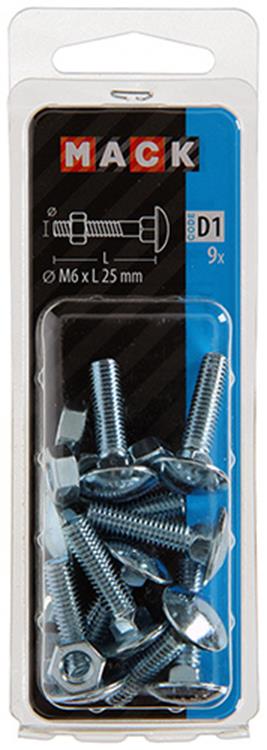 Mack 1017567 – Holzschraube + Mutter aus verzinktem Stahl, 9 Stück, M6 x 25 mm | 5 Stück