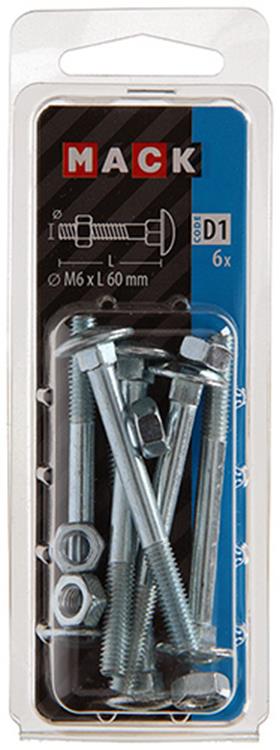 Mack 1017572 – Holzschraube + Mutter aus verzinktem Stahl, 6 Stück, M6 x 60 mm | 5 Stück