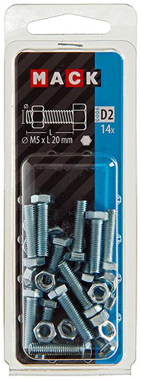 Mack 1017600 – Hahnschraube + Mutter aus verzinktem Stahl, 14 Stück, M5 x 20 mm | 10 Stück