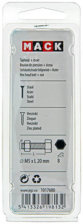 Mack 1017600 – Hahnschraube + Mutter aus verzinktem Stahl, 14 Stück, M5 x 20 mm | 10 Stück