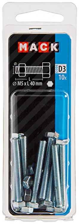 Mack 1017602 – Hahnschraube + Mutter aus verzinktem Stahl, 10 Stück, M5 x 40 mm | 10 Stück