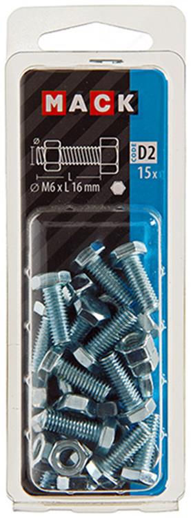 Mack 1017604 – Hahnschraube + Mutter aus verzinktem Stahl, 15 Stück, M6 x 16 mm | 10 Stück