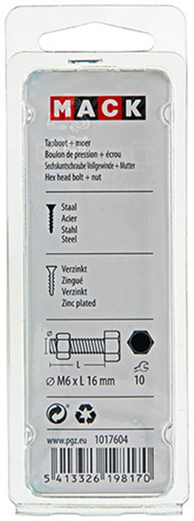 Mack 1017604 – Hahnschraube + Mutter aus verzinktem Stahl, 15 Stück, M6 x 16 mm | 10 Stück