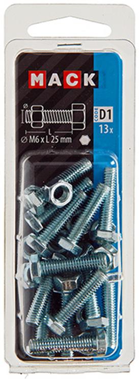 Mack 1017606 – Hahnschraube + Mutter aus verzinktem Stahl, 13 Stück, M6 x 25 mm | 10 Stück