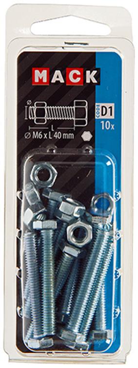 Mack 1017608 – Hahnschraube + Mutter aus verzinktem Stahl, 10 Stück, M6 x 40 mm | 5 Stück