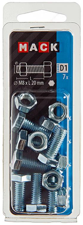 Mack 1017612 – Hahnschraube + Mutter aus verzinktem Stahl, 7 Stück, M8 x 20 mm | 10 Stück