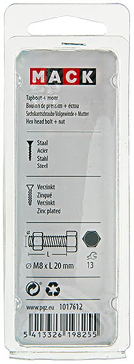 Mack 1017612 – Hahnschraube + Mutter aus verzinktem Stahl, 7 Stück, M8 x 20 mm | 10 Stück