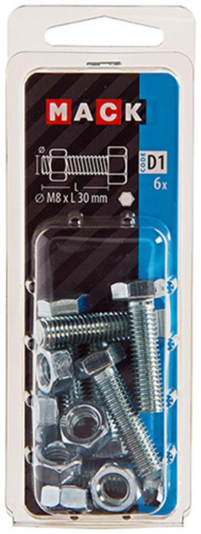 Mack 1017613 – Hahnschraube + Mutter aus verzinktem Stahl, 6 Stück, M8 x 30 mm | 5 Stück