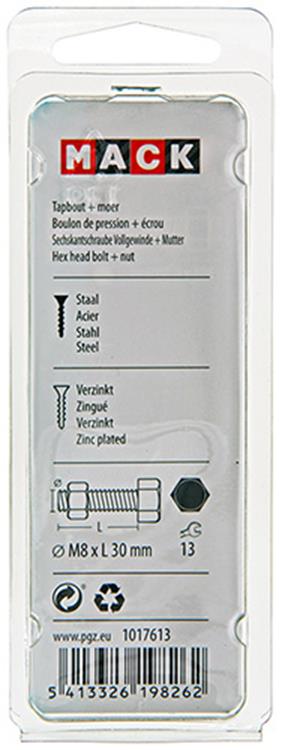 Mack 1017613 – Hahnschraube + Mutter aus verzinktem Stahl, 6 Stück, M8 x 30 mm | 5 Stück