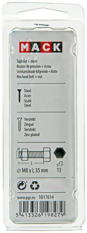 Mack 1017614 – Hahnschraube + Mutter aus verzinktem Stahl, 5 Stück, M8 x 35 mm | 5 Stück