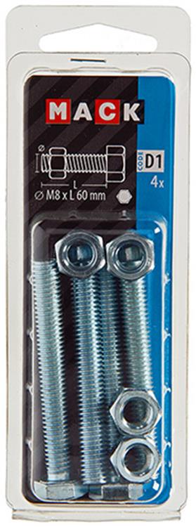 Mack 1017617 – Hahnschraube + Mutter aus verzinktem Stahl, 4 Stück, M8 x 60 mm | 10 Stück