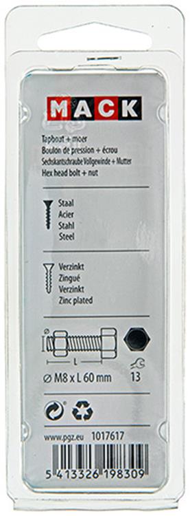 Mack 1017617 – Hahnschraube + Mutter aus verzinktem Stahl, 4 Stück, M8 x 60 mm | 10 Stück