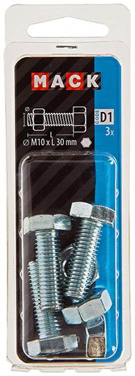 Mack 1017620 – Hahnschraube + Mutter aus verzinktem Stahl, 3 Stück, M10 x 30 mm | 5 Stück