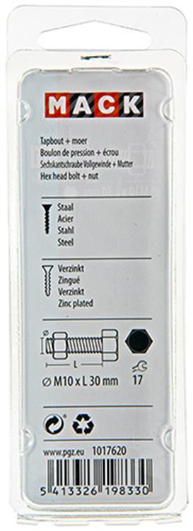Mack 1017620 – Hahnschraube + Mutter aus verzinktem Stahl, 3 Stück, M10 x 30 mm | 5 Stück
