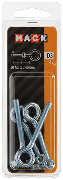 Mack 1017790 – metrische Ösenschraube + Mutter verzinkt 4 Stück M5 x 40 mm | 10 Stück