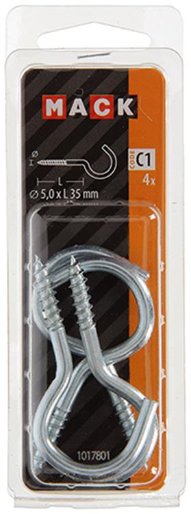 Mack 1017801 - Schraubhaken verzinkter Stahl 4 Stück 5,0 x 35 mm | 10 Stück