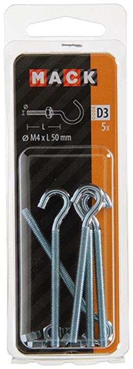 Mack 1017809 – metrischer Schraubhaken + Mutter verzinkt 5 Stück M4 x 50 mm | 10 Stück
