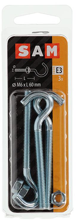 Mack 1017811 – metrischer Schraubhaken + Mutter verzinkt 3 Stück M6 x 60 mm | 10 Stück