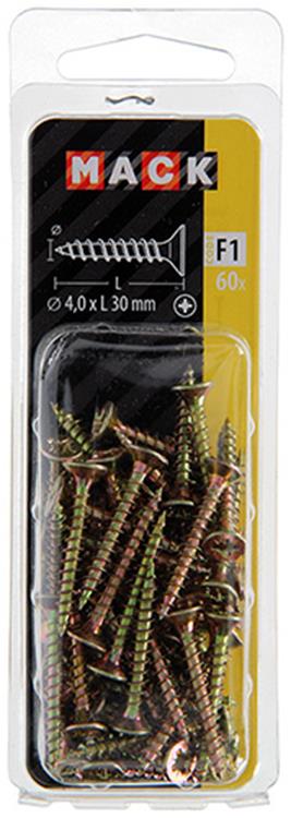 Mack 1017971 – Spanplattenschraube mit Kopf gelb beschichtet. 60 Stück 4,0 x 30 mm | 5 Stück