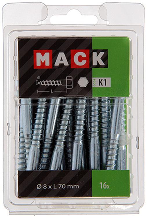 Mack 1018051 - Holzgewindebolzen verzinkter Stahl 16 Stück 8 x 70 mm | 5 Stück