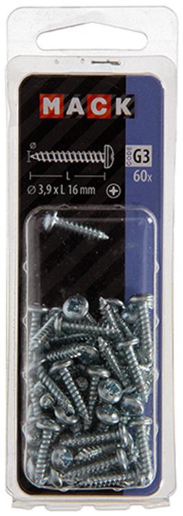 Mack 1018063 – selbstschneidende Schraube mit Zylinderkopf, verzinkt. 60 Stück 3,9 x 16 mm | 5 Stück