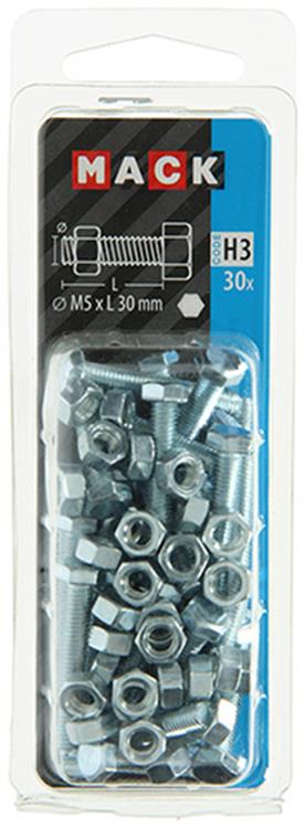 Mack 1018108 – Hahnschraube + Mutter aus verzinktem Stahl, 30 Stück, M5 x 30 mm | 5 Stück