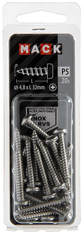Mack 1020016 – selbstschneidende Schraube Zylinderkopf A2 20 Stück 4,8 x 32 mm | 5 Stück
