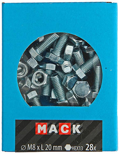 Mack 1020219 – Hahnschraube + Mutter verzinkt 28 Stück M8 x 20 mm | 5 Stück