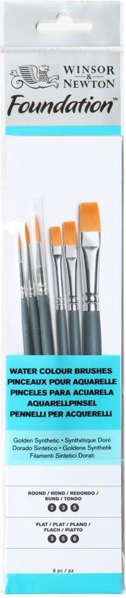 Winsor Newton 5295015 Foundation-Aquarellpinsel-Set – kurzer Griff – 6-teilig – runde Flachpinsel für Aquarell, Gouache, Acryl