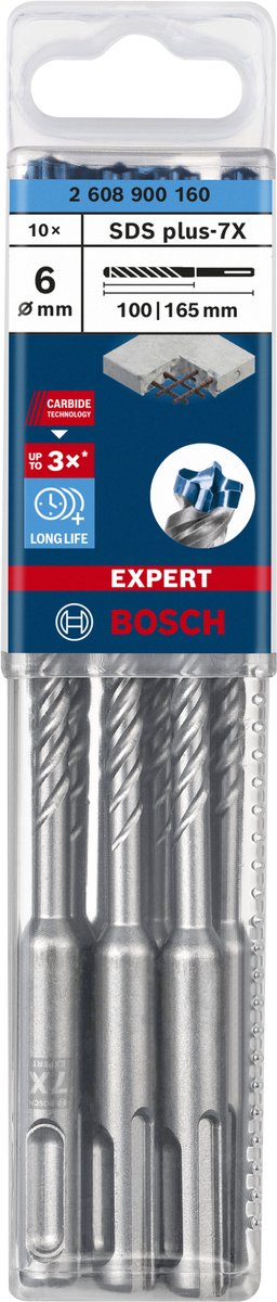 Bosch Zubehör Expert SDS Plus-7x Bohrhammer 6 x 100 x 165 mm – 10 Stück – 2608900160