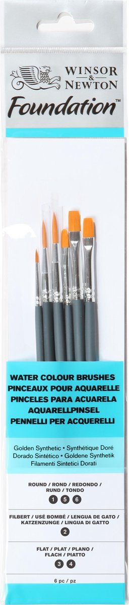 Winsor Newton 5295016 Foundation-Pinsel-Set – kurzer Griff – 6-teilig – runde Filbert-Flachpinsel für Aquarell, Gouache und Acryl