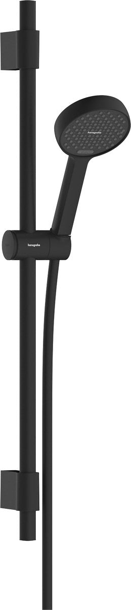 Hansgrohe activatera s – Duschset – Ecosmart Wassersparen – Auswahl per Knopfdruck – Größe 95 mm – mit Schiebestange Varia 72 cm – 2 Strahlfunktionen – mattschwarz