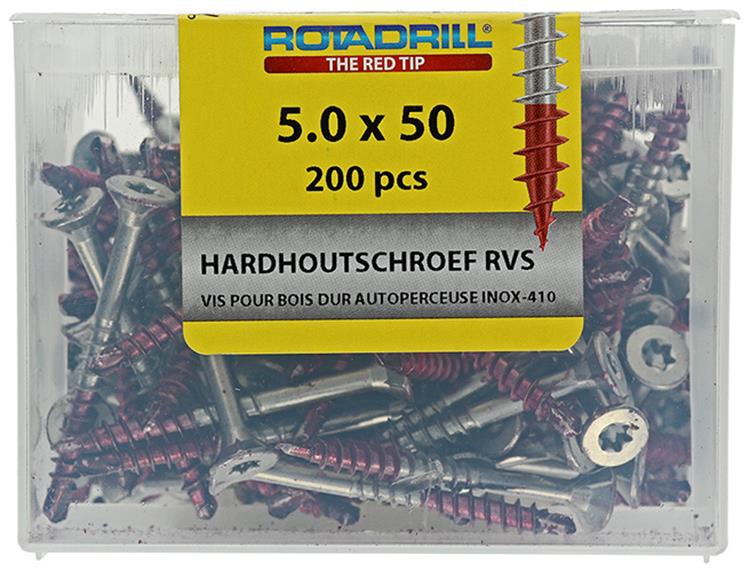 Rotadrill 1040037 – Hartholzschraube selbstschneidend SPPLS.Edelstahl T25 5,0 x 50 mm (200) | 4 Stück