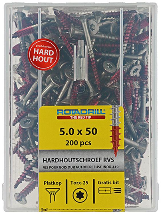 Rotadrill 1040037 – Hartholzschraube selbstschneidend SPPLS.Edelstahl T25 5,0 x 50 mm (200) | 4 Stück