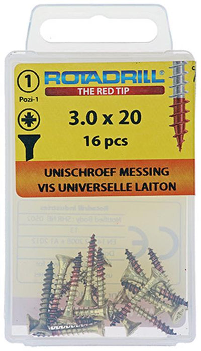 Rotadrill 1039887 - Universalschraube Messing VK PZD 3,0x20mm (16) | 6 Stück