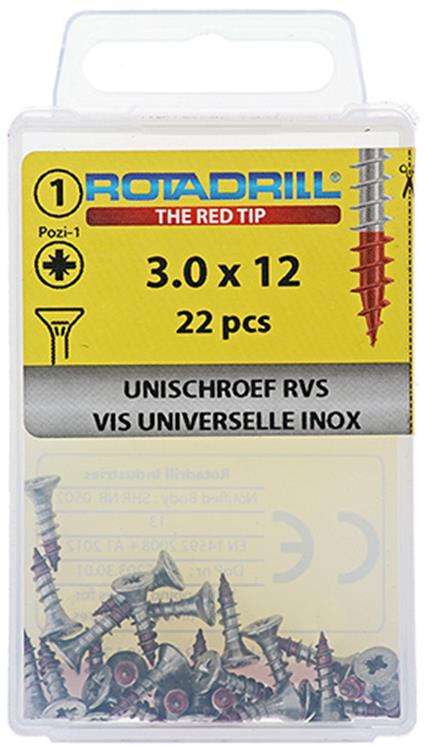Rotadrill 1039847 – Universalschraube VK PZD Edelstahl-A2 3,0 x 12 mm (22) | 6 Stück